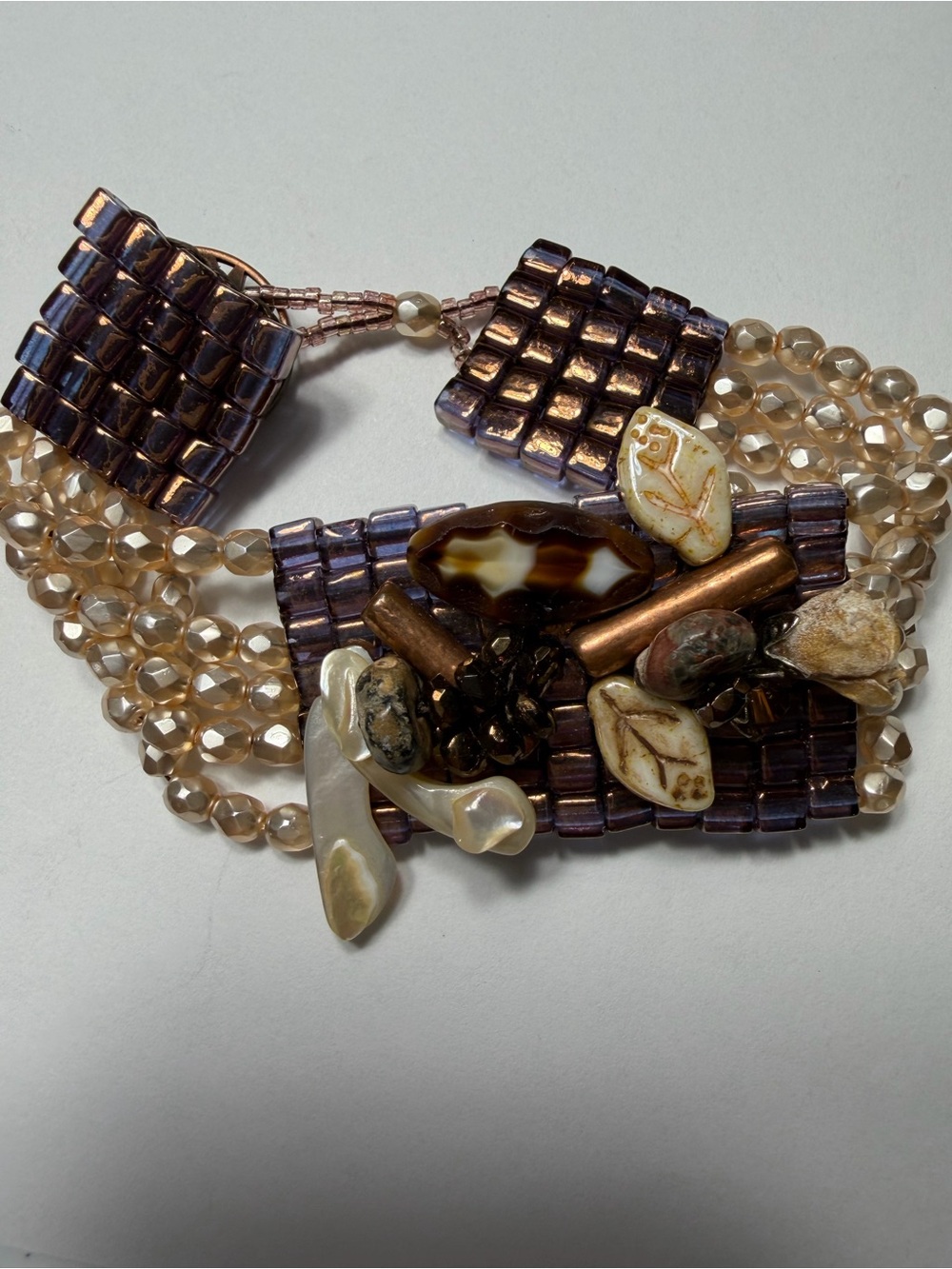 Handcrafted Multi-Strand Beaded Bracelet in Brown and Pearl Tones